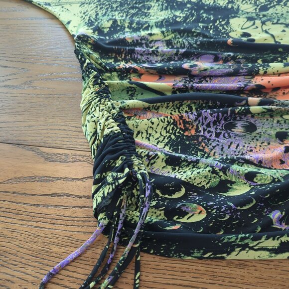 Julian Chang Abstract Art colorful Ruched Drawstring Mini Dress Dolman sleeves M - Picture 14 of 16